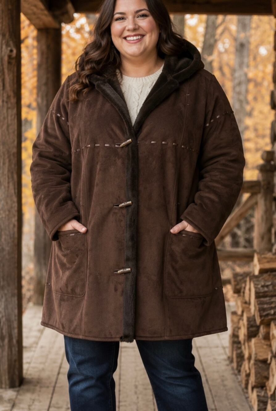 Liz & Me Plus Size 4X Brown Faux Suede Shearling Hooded Toggle Coat